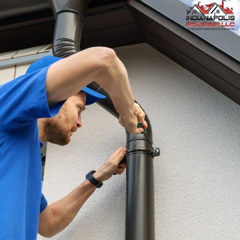 Gutter and downspout repair work along a roof edge